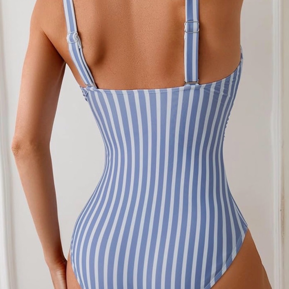 Eomenie Women’s One Piece Swimsuit Blue White Stripe V Neck Tummy Control NWT L - Picture 2 of 6
